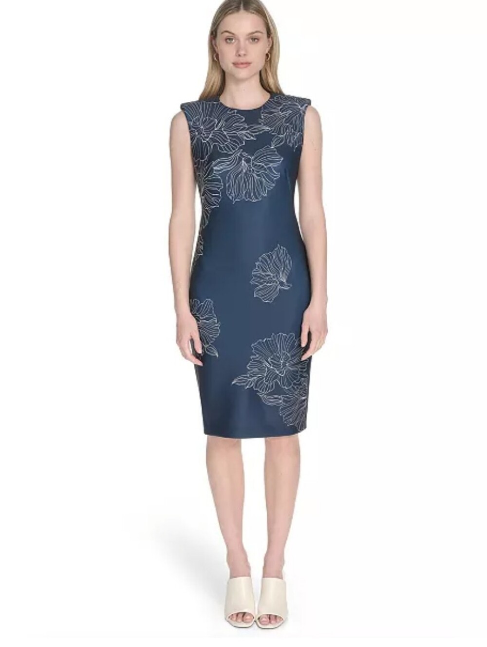 Calvin Klein Navy Floral Sheath Dress Size 12 Sleeveless Midi Elegant NWT Party